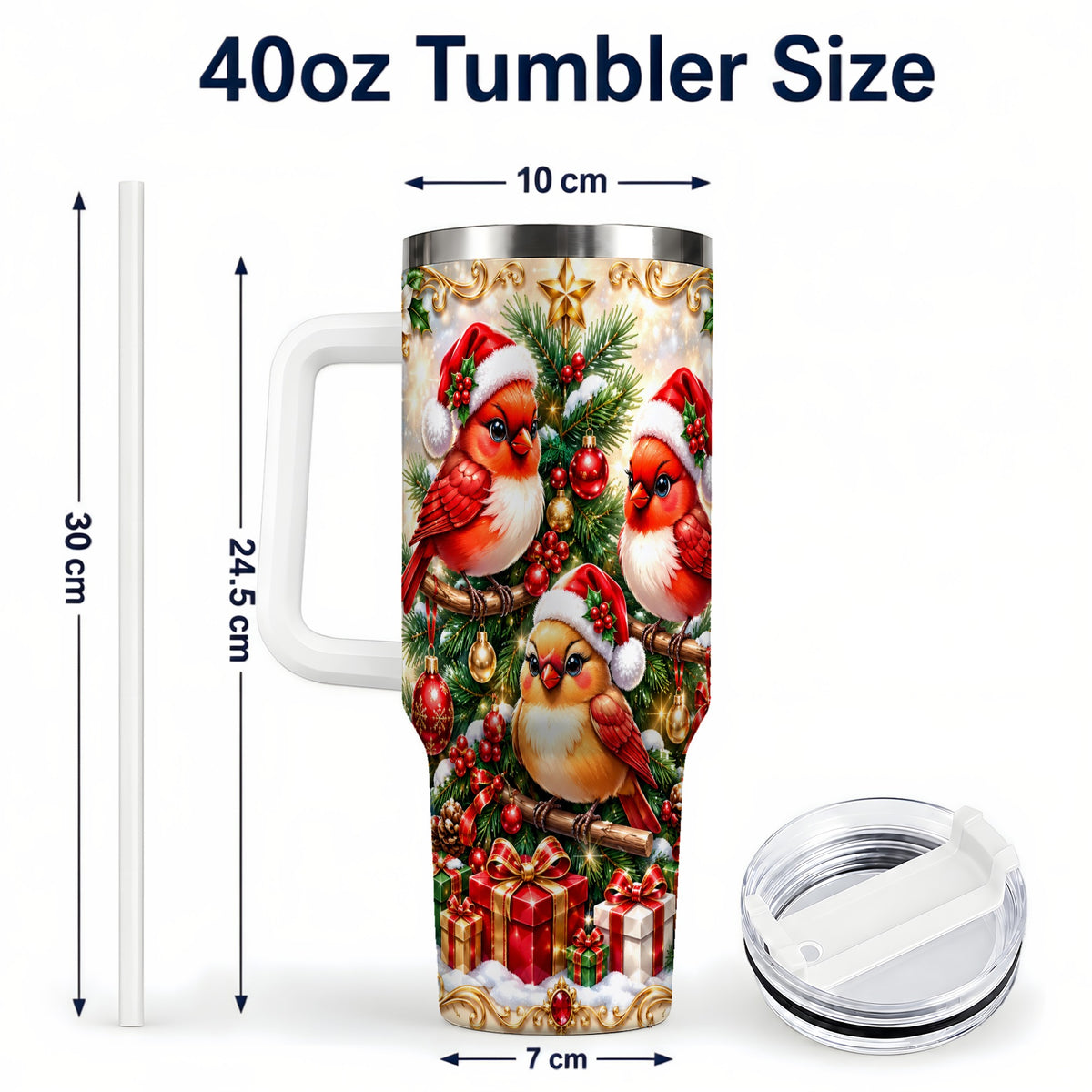 #pl[40oz|White] Christmas Cardinal 40oz Tumbler with Handle, Holiday Bird Travel Cup