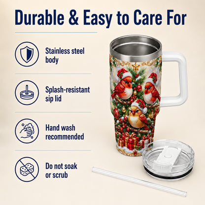 Christmas Cardinal 40oz Tumbler with Handle, Holiday Bird Travel Cup