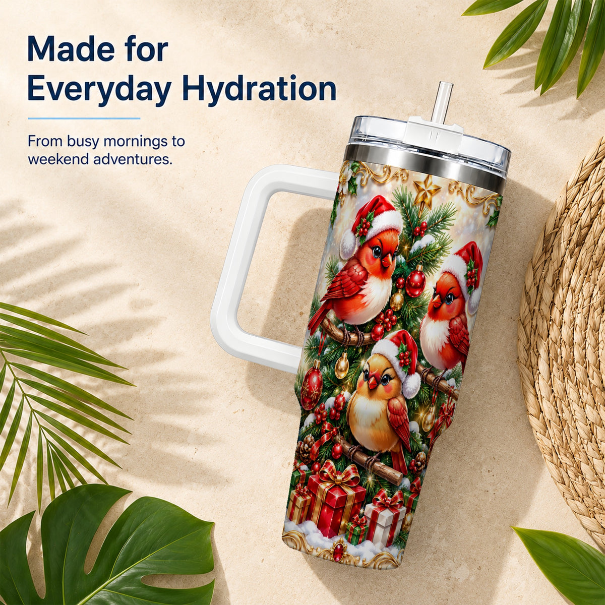 Christmas Cardinal 40oz Tumbler with Handle, Holiday Bird Travel Cup