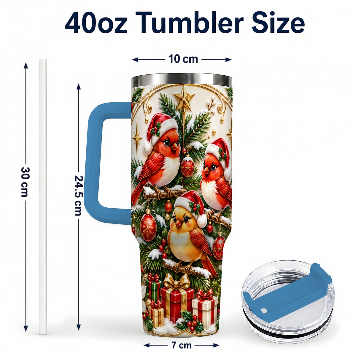 #pl[40oz|Blue] Christmas Cardinal Tumbler 40oz, Holiday Bird Stainless Steel Travel Cup