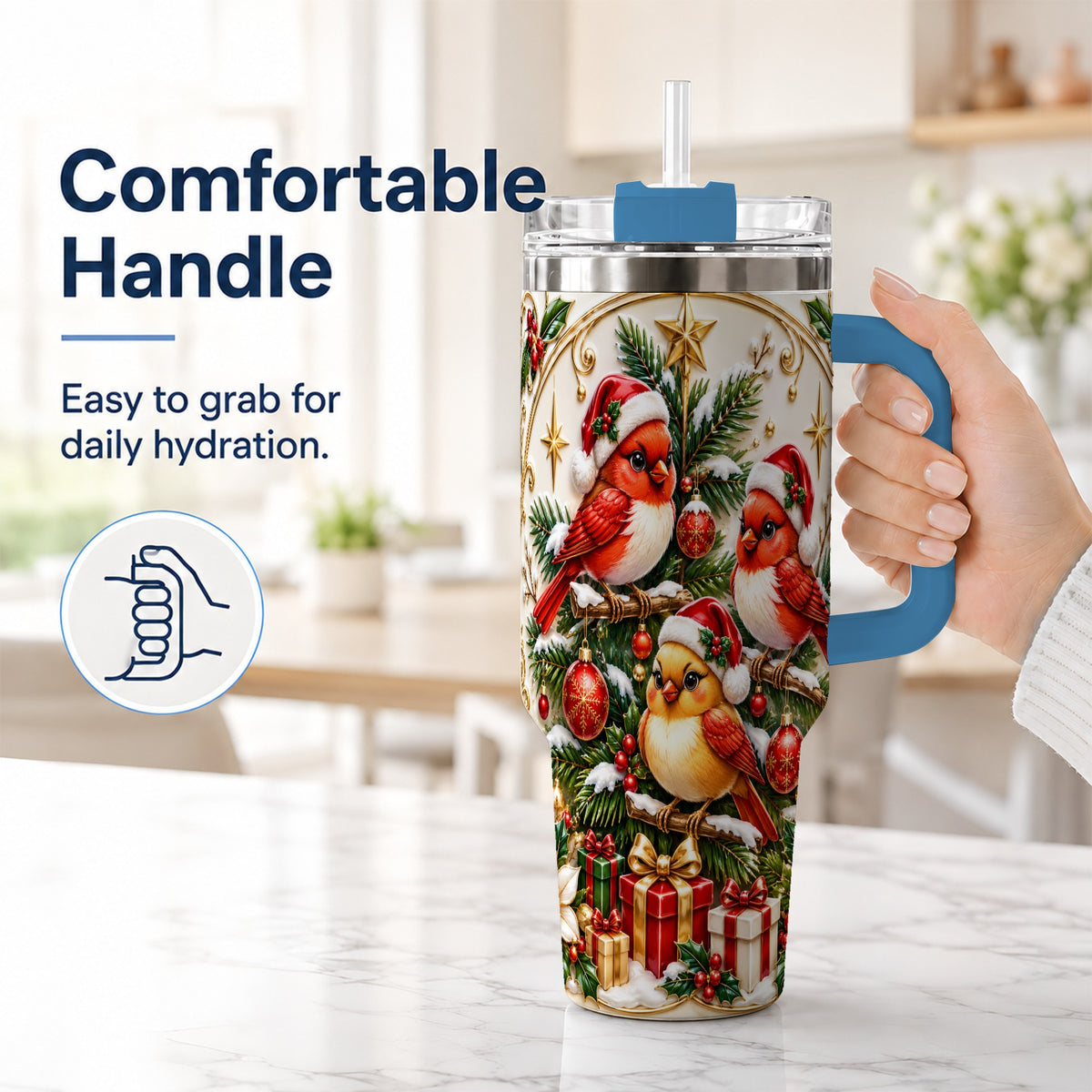 #pl[40oz|Blue] Christmas Cardinal Tumbler 40oz, Holiday Bird Stainless Steel Travel Cup