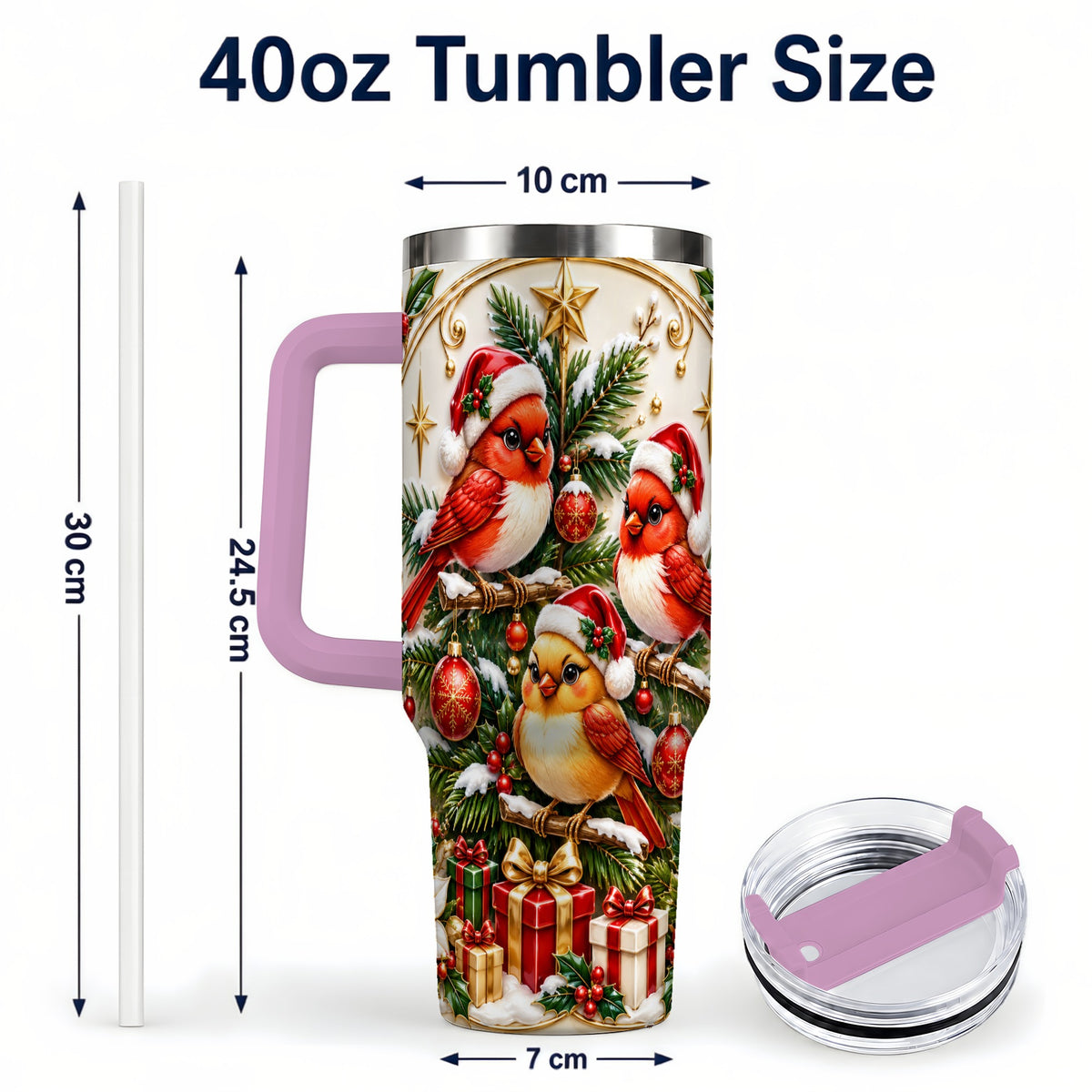 #pl[40oz|Pink] Christmas Cardinal Tumbler 40oz, Holiday Bird Stainless Steel Travel Cup