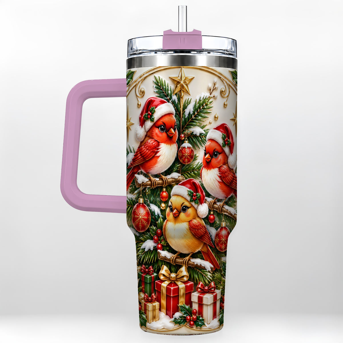 #pl[40oz|Pink] Christmas Cardinal Tumbler 40oz, Holiday Bird Stainless Steel Travel Cup