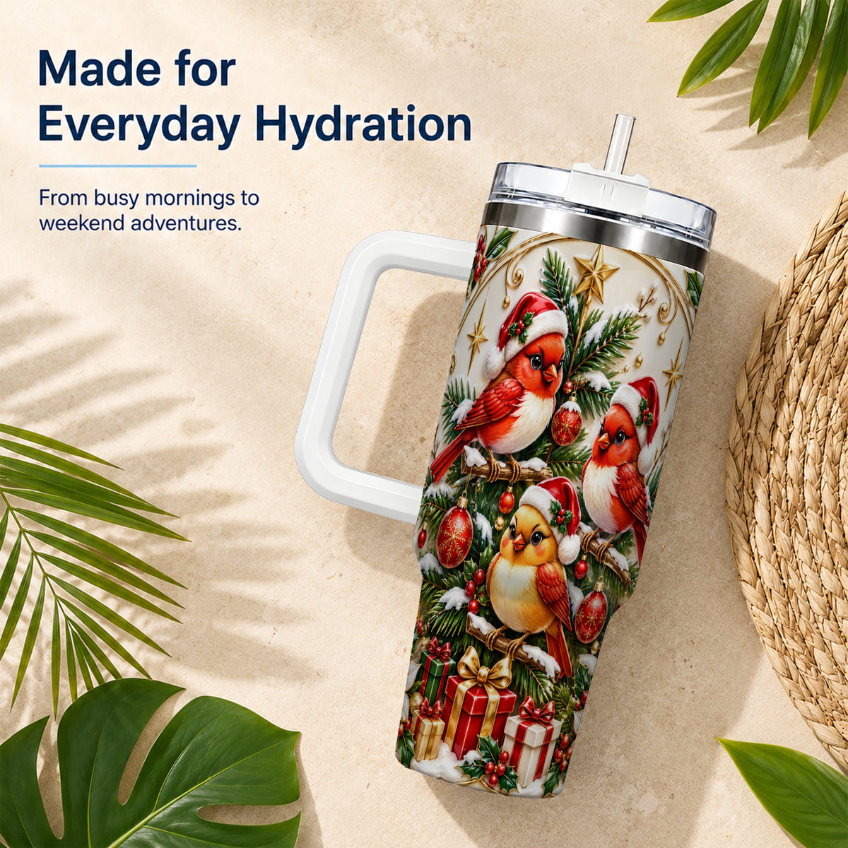 Christmas Cardinal Tumbler 40oz, Holiday Bird Stainless Steel Travel Cup