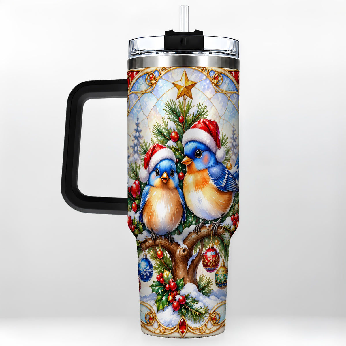 #pl[40oz|Black] Christmas Bluebird Tumbler 40oz, Winter Bird Stainless Steel Travel Cup