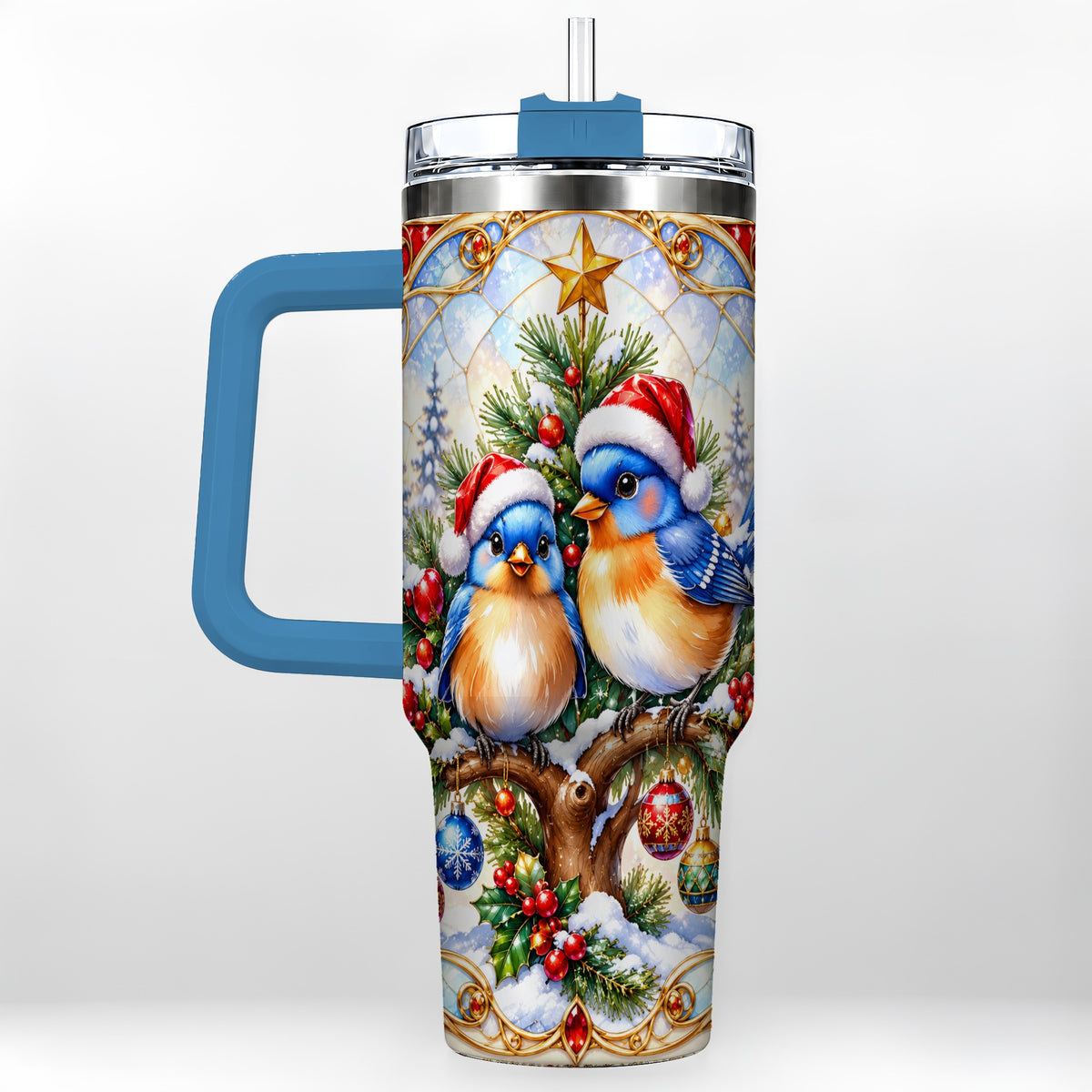 #pl[40oz|Blue] Christmas Bluebird Tumbler 40oz, Winter Bird Stainless Steel Travel Cup