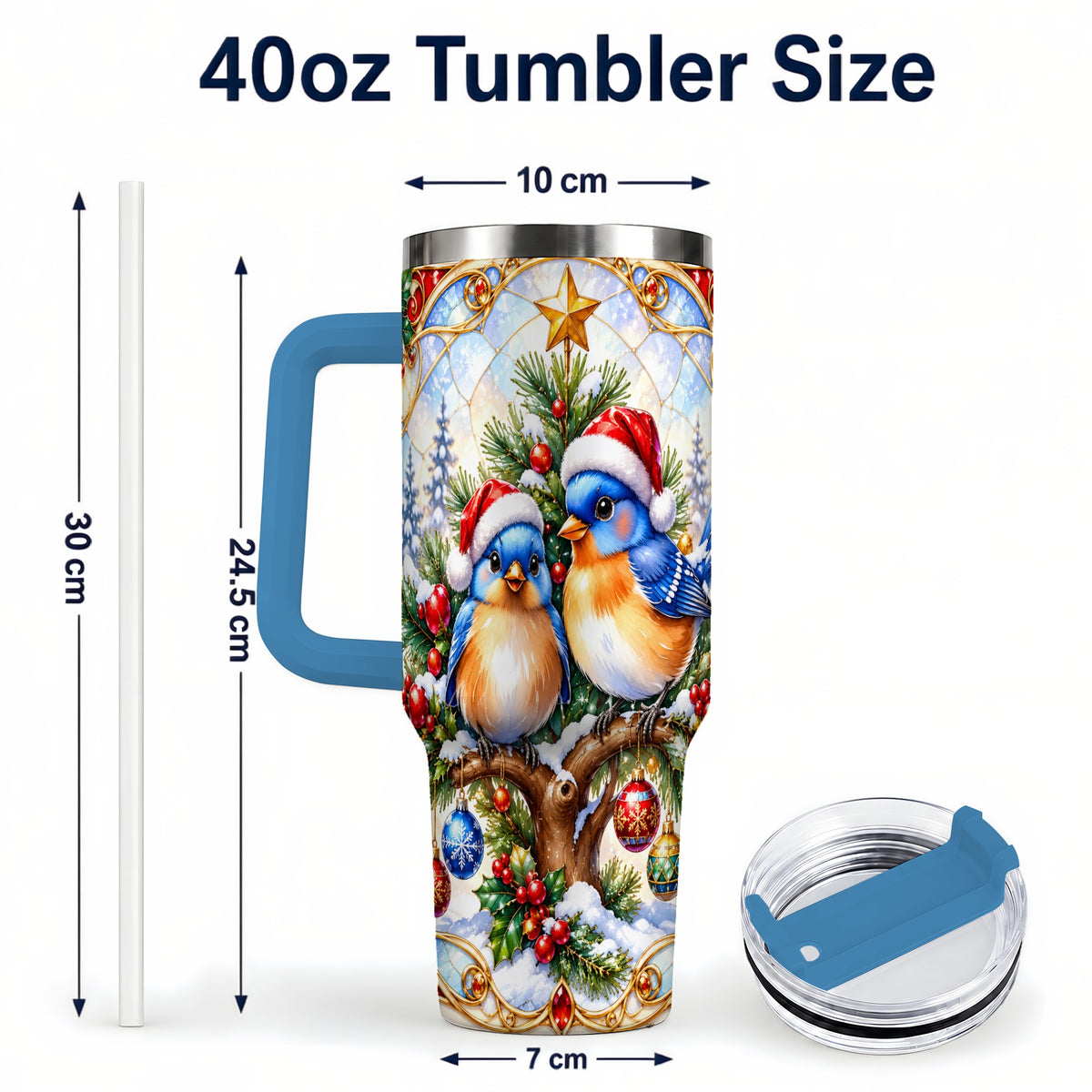 #pl[40oz|Blue] Christmas Bluebird Tumbler 40oz, Winter Bird Stainless Steel Travel Cup
