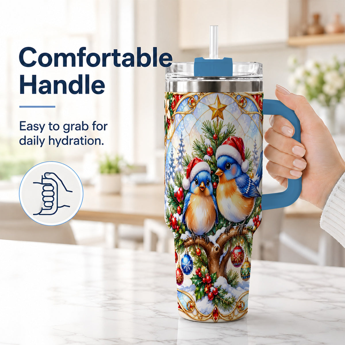 #pl[40oz|Blue] Christmas Bluebird Tumbler 40oz, Winter Bird Stainless Steel Travel Cup