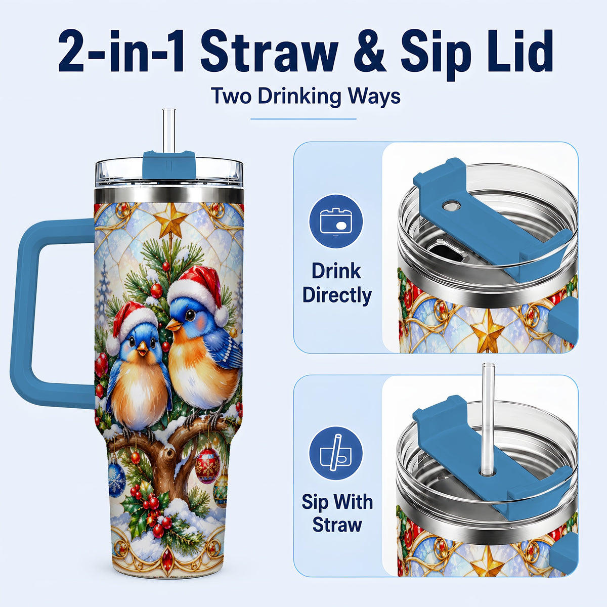 #pl[40oz|Blue] Christmas Bluebird Tumbler 40oz, Winter Bird Stainless Steel Travel Cup
