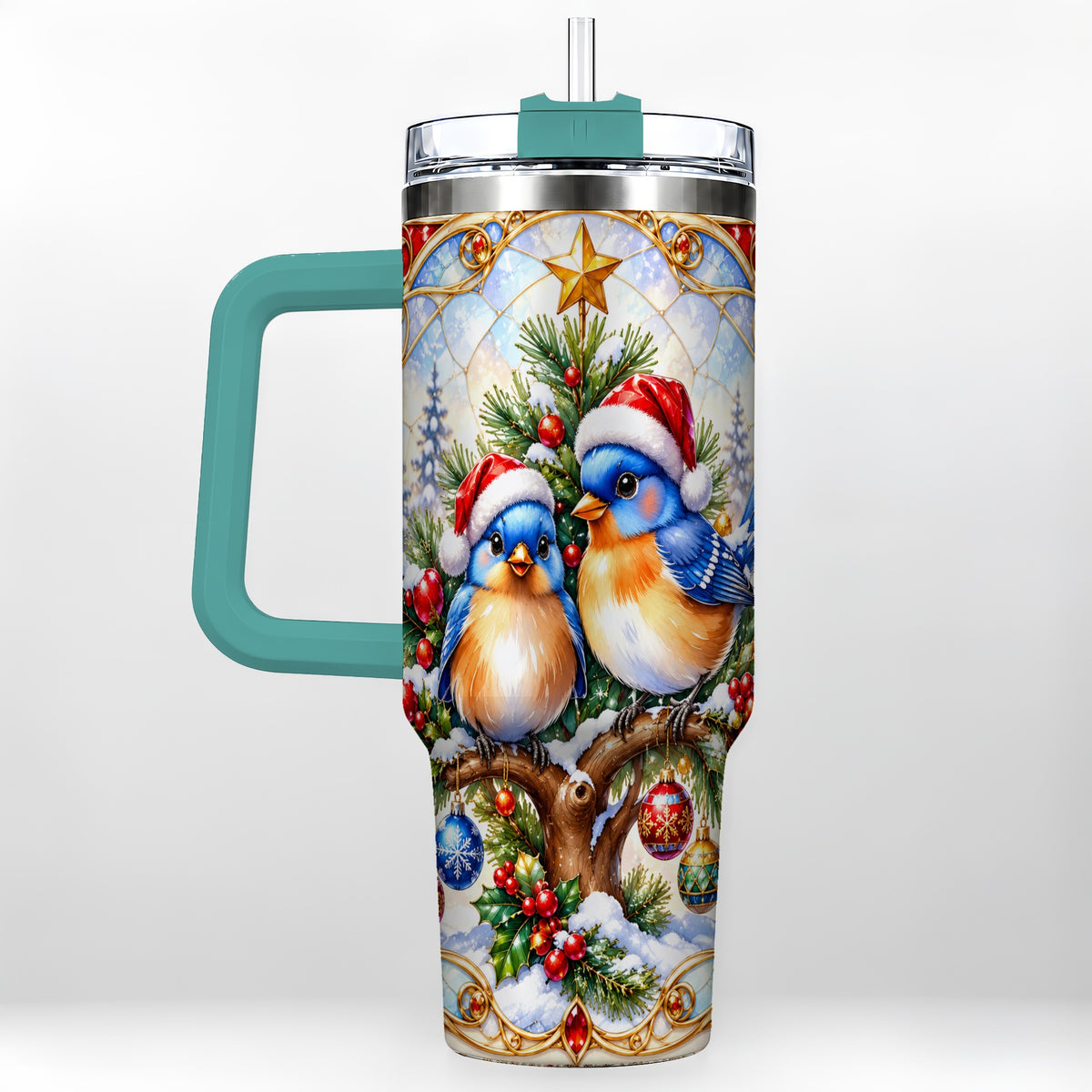 #pl[40oz|Green] Christmas Bluebird Tumbler 40oz, Winter Bird Stainless Steel Travel Cup