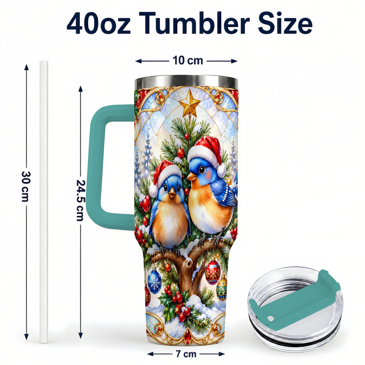 #pl[40oz|Green] Christmas Bluebird Tumbler 40oz, Winter Bird Stainless Steel Travel Cup