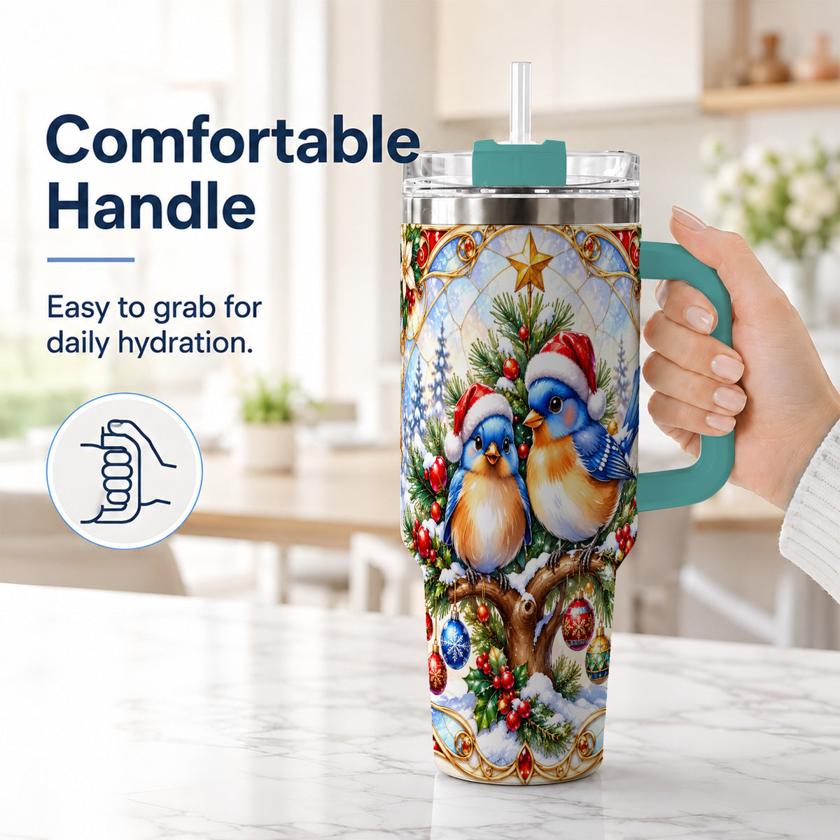 #pl[40oz|Green] Christmas Bluebird Tumbler 40oz, Winter Bird Stainless Steel Travel Cup