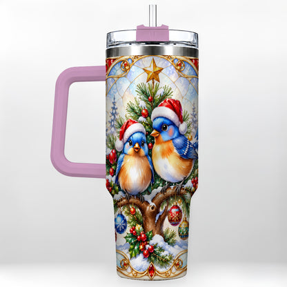 #pl[40oz|Pink] Christmas Bluebird Tumbler 40oz, Winter Bird Stainless Steel Travel Cup