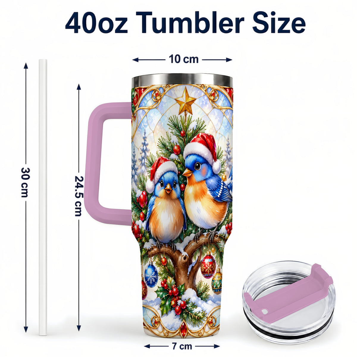 #pl[40oz|Pink] Christmas Bluebird Tumbler 40oz, Winter Bird Stainless Steel Travel Cup
