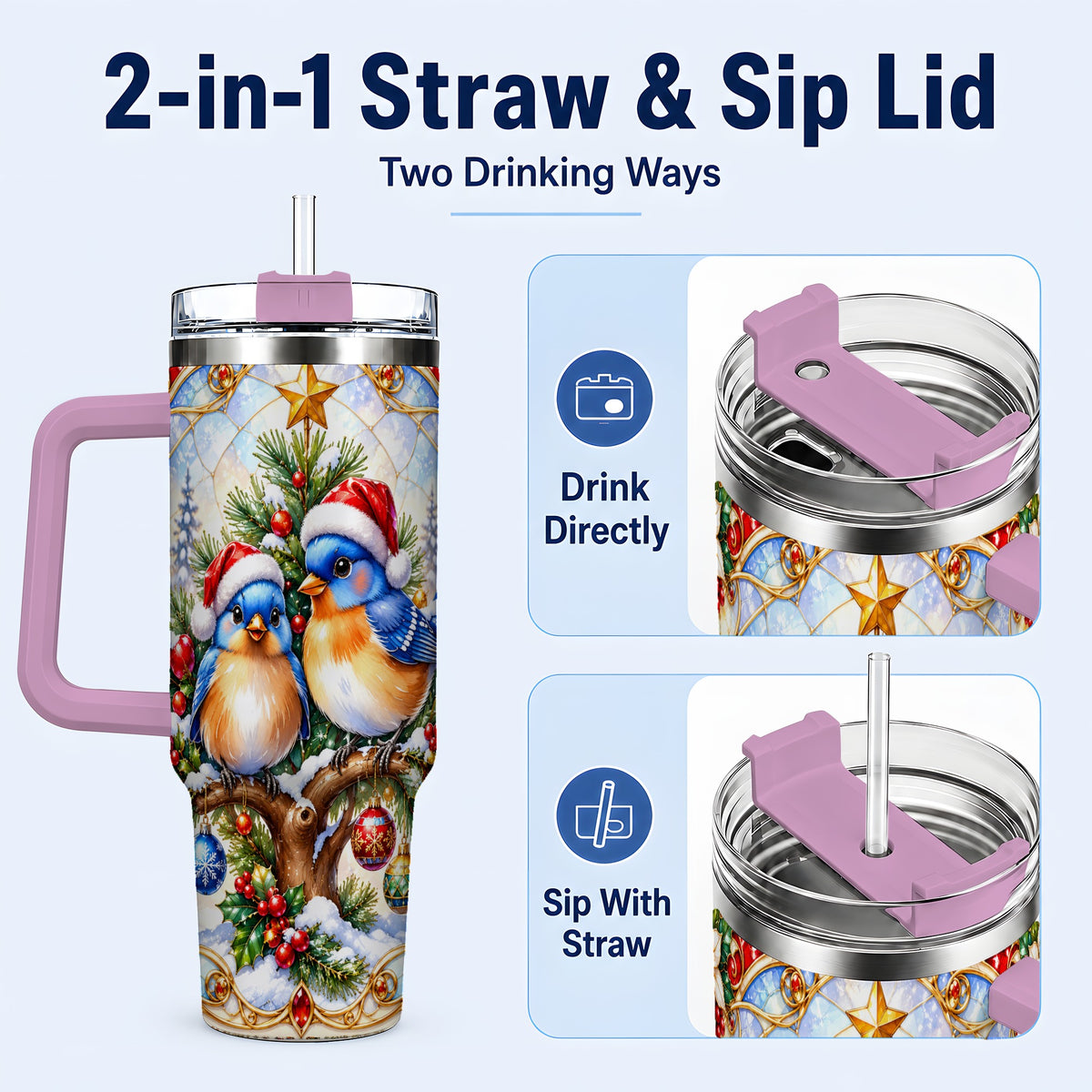 #pl[40oz|Pink] Christmas Bluebird Tumbler 40oz, Winter Bird Stainless Steel Travel Cup