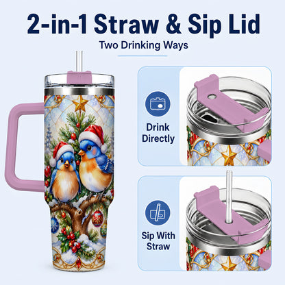 #pl[40oz|Pink] Christmas Bluebird Tumbler 40oz, Winter Bird Stainless Steel Travel Cup