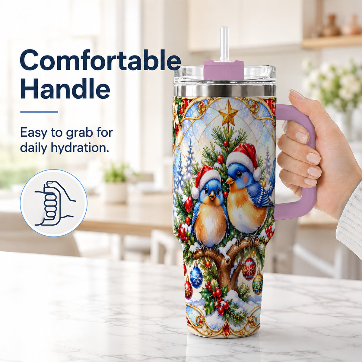 #pl[40oz|Pink] Christmas Bluebird Tumbler 40oz, Winter Bird Stainless Steel Travel Cup