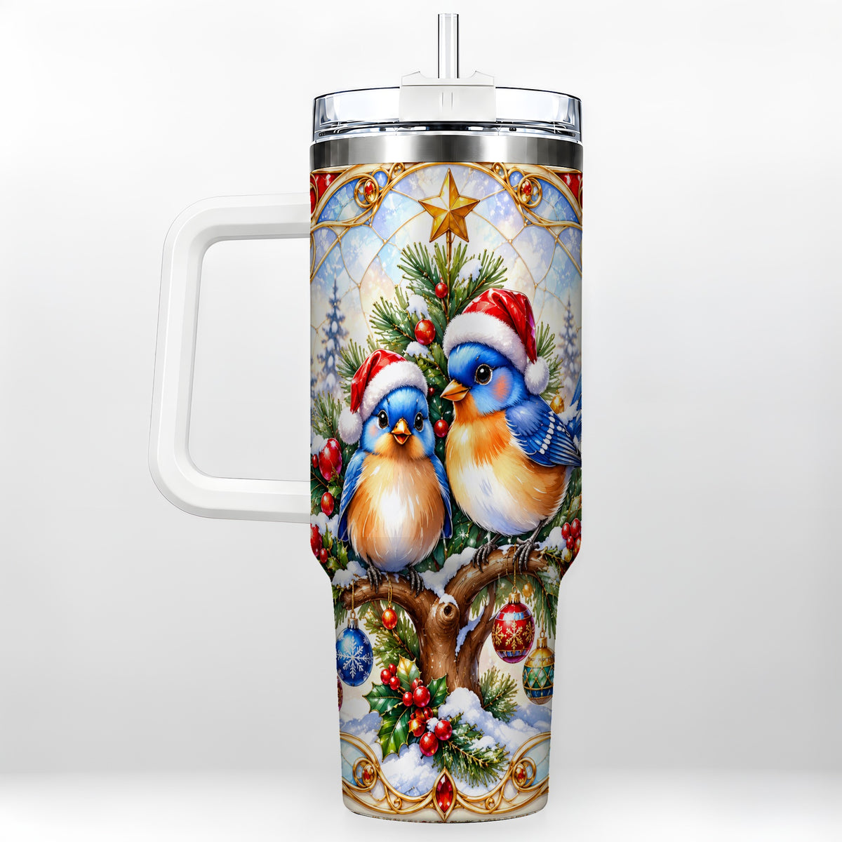 Christmas Bluebird Tumbler 40oz, Winter Bird Stainless Steel Travel Cup