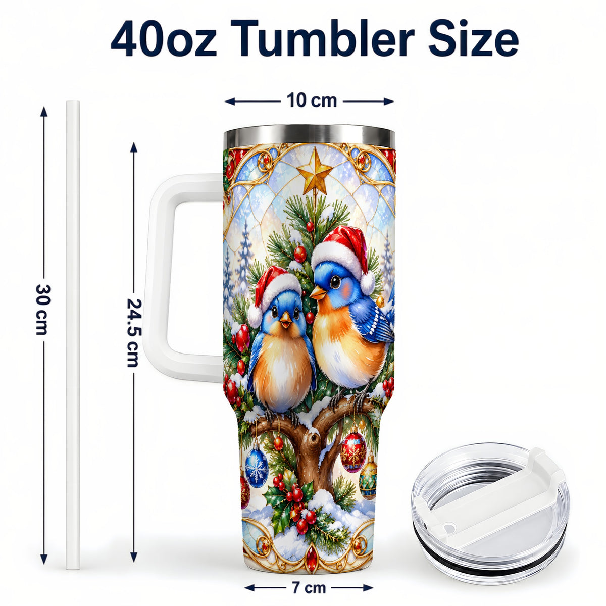 #pl[40oz|White] Christmas Bluebird Tumbler 40oz, Winter Bird Stainless Steel Travel Cup