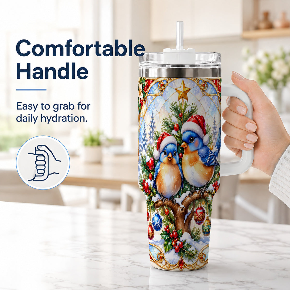 #pl[40oz|White] Christmas Bluebird Tumbler 40oz, Winter Bird Stainless Steel Travel Cup