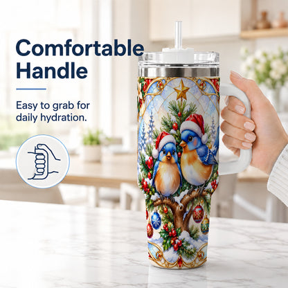 #pl[40oz|White] Christmas Bluebird Tumbler 40oz, Winter Bird Stainless Steel Travel Cup