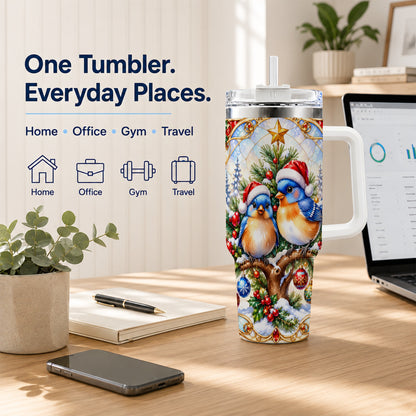 Christmas Bluebird Tumbler 40oz, Winter Bird Stainless Steel Travel Cup