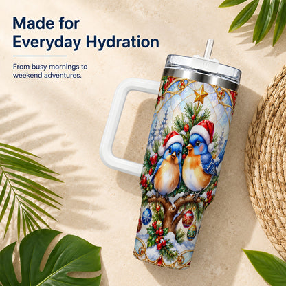 Christmas Bluebird Tumbler 40oz, Winter Bird Stainless Steel Travel Cup