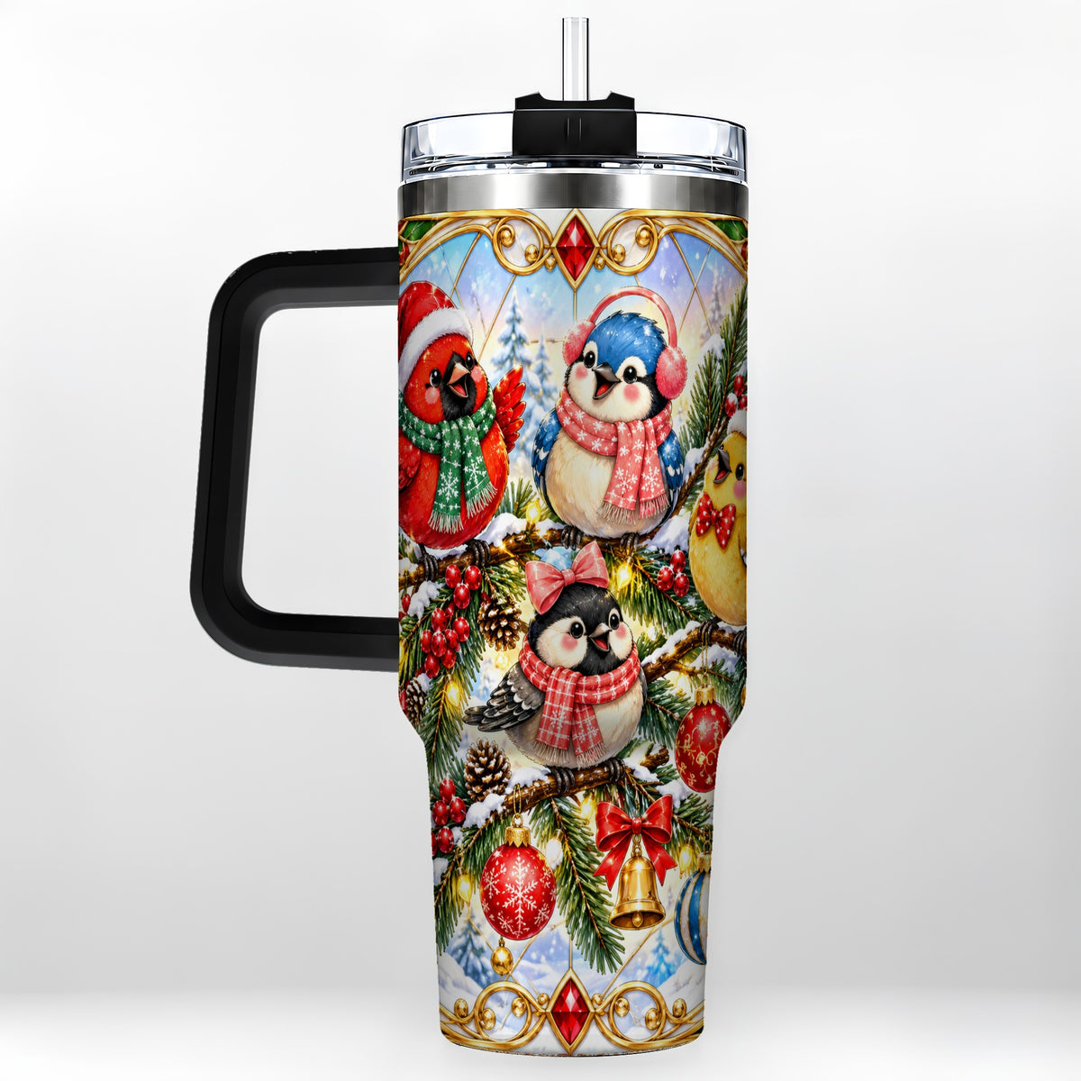 #pl[40oz|Black] Christmas Winter Birds Tumbler 40oz, Festive Stainless Steel Travel Cup