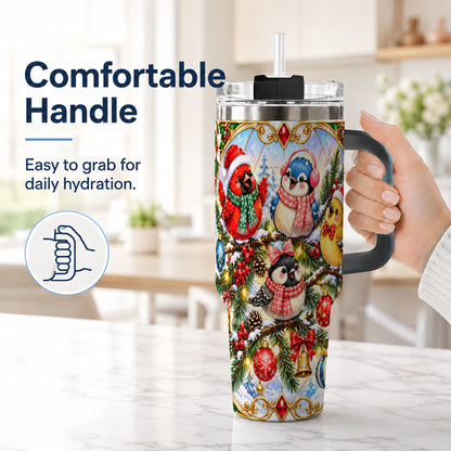 #pl[40oz|Black] Christmas Winter Birds Tumbler 40oz, Festive Stainless Steel Travel Cup