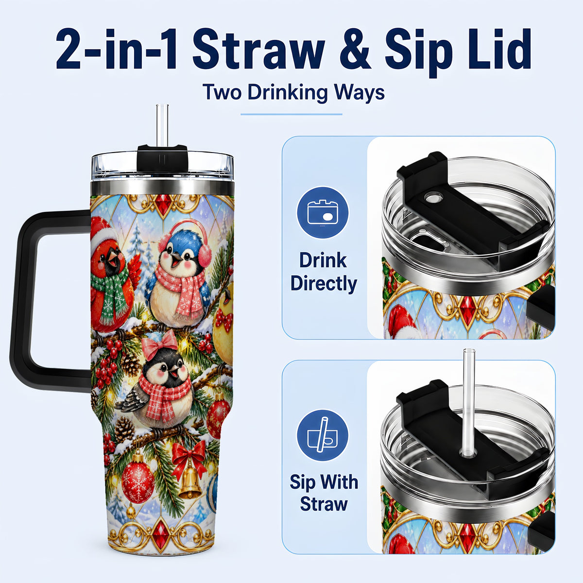 #pl[40oz|Black] Christmas Winter Birds Tumbler 40oz, Festive Stainless Steel Travel Cup