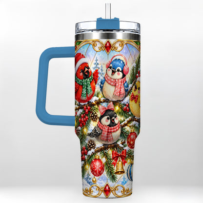 #pl[40oz|Blue] Christmas Winter Birds Tumbler 40oz, Festive Stainless Steel Travel Cup