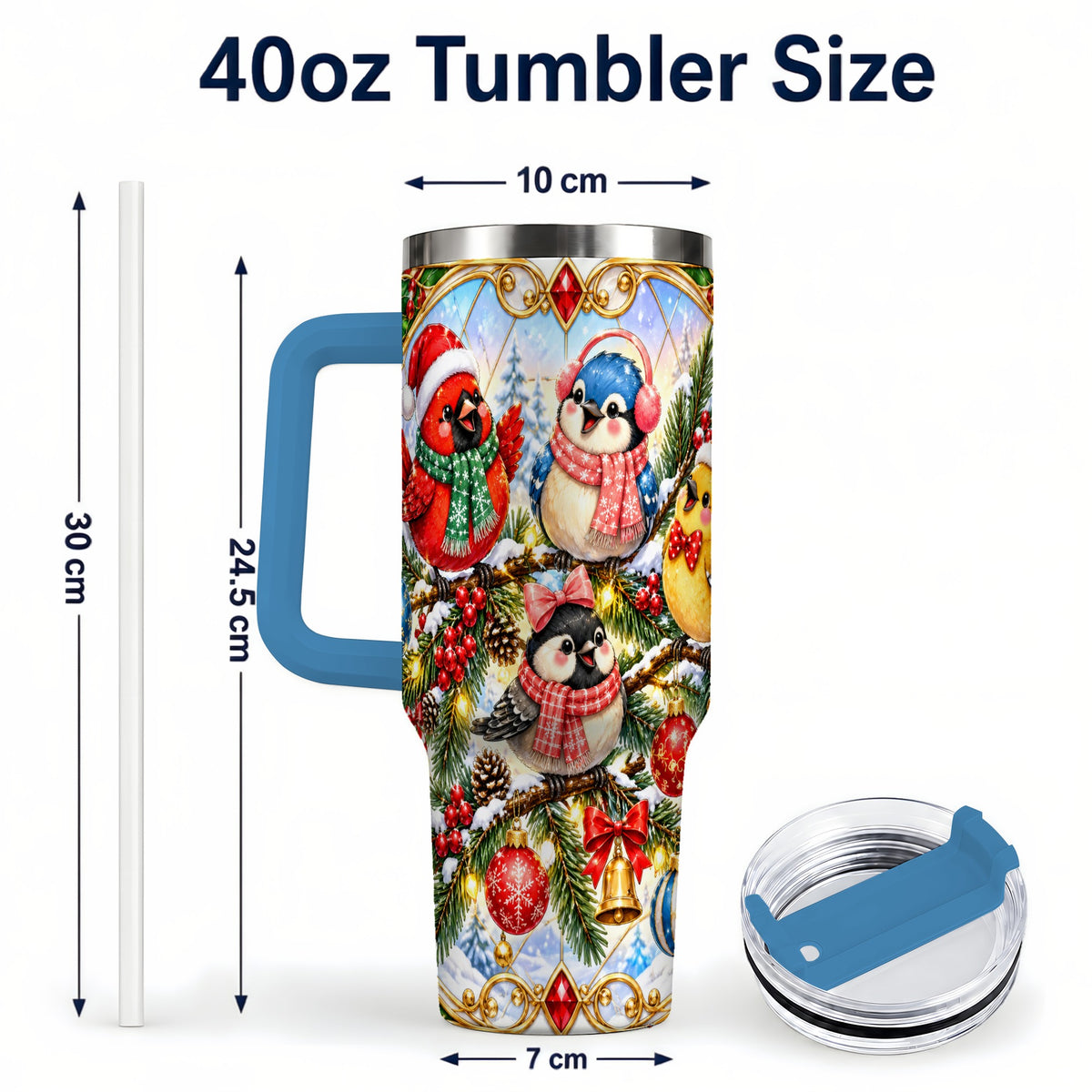 #pl[40oz|Blue] Christmas Winter Birds Tumbler 40oz, Festive Stainless Steel Travel Cup