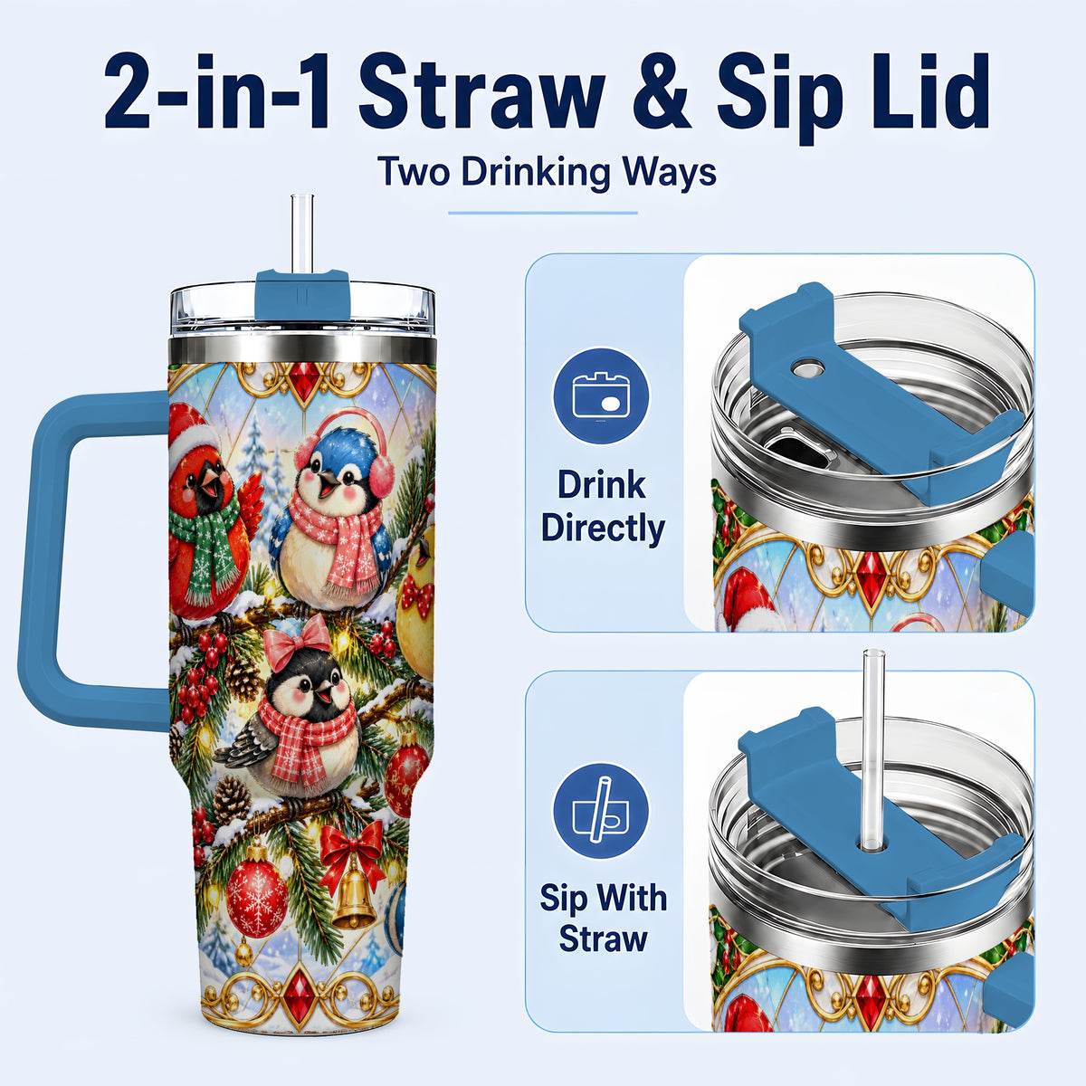 #pl[40oz|Blue] Christmas Winter Birds Tumbler 40oz, Festive Stainless Steel Travel Cup