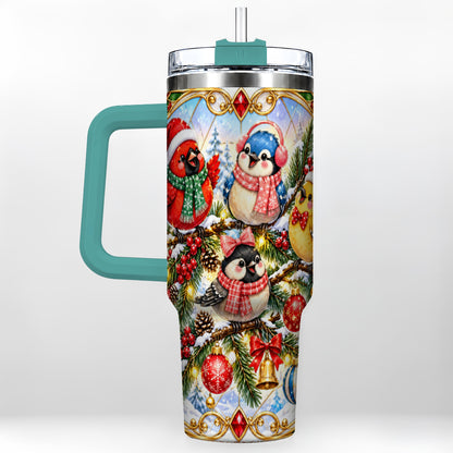 #pl[40oz|Green] Christmas Winter Birds Tumbler 40oz, Festive Stainless Steel Travel Cup
