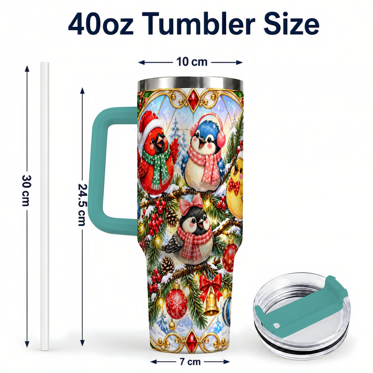 #pl[40oz|Green] Christmas Winter Birds Tumbler 40oz, Festive Stainless Steel Travel Cup