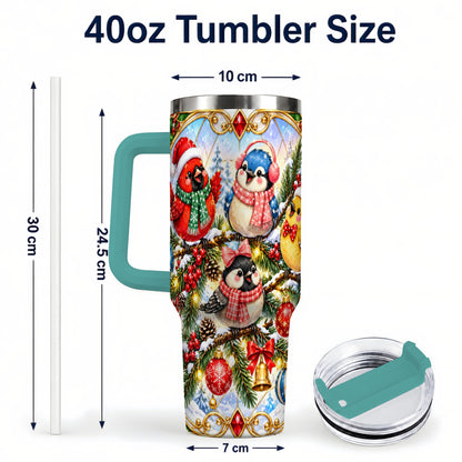 #pl[40oz|Green] Christmas Winter Birds Tumbler 40oz, Festive Stainless Steel Travel Cup