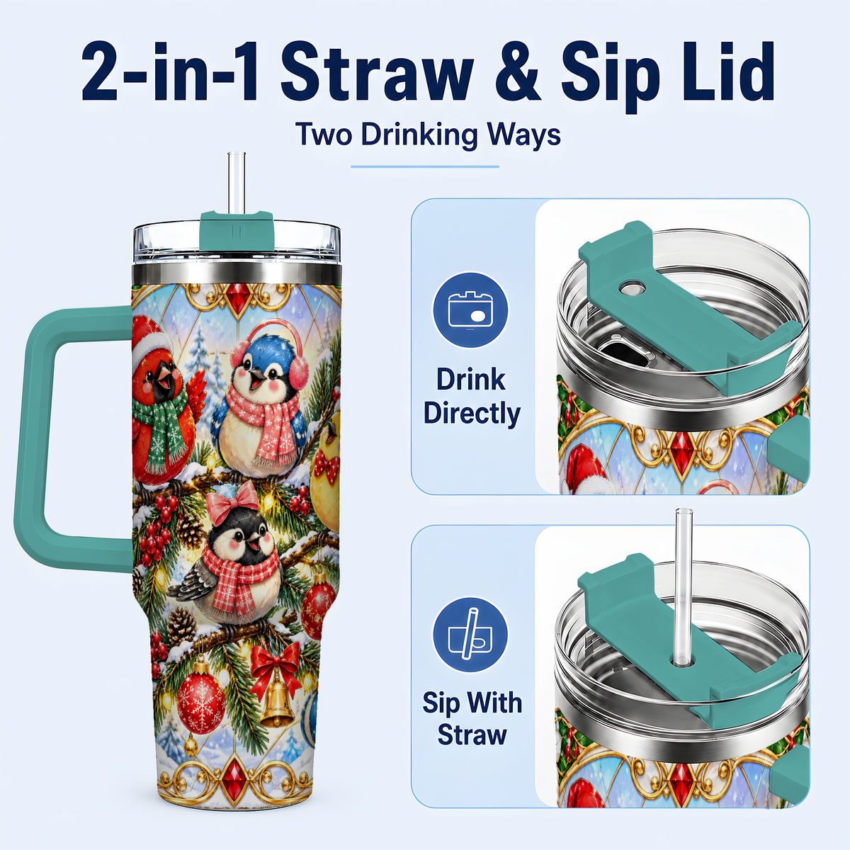 #pl[40oz|Green] Christmas Winter Birds Tumbler 40oz, Festive Stainless Steel Travel Cup