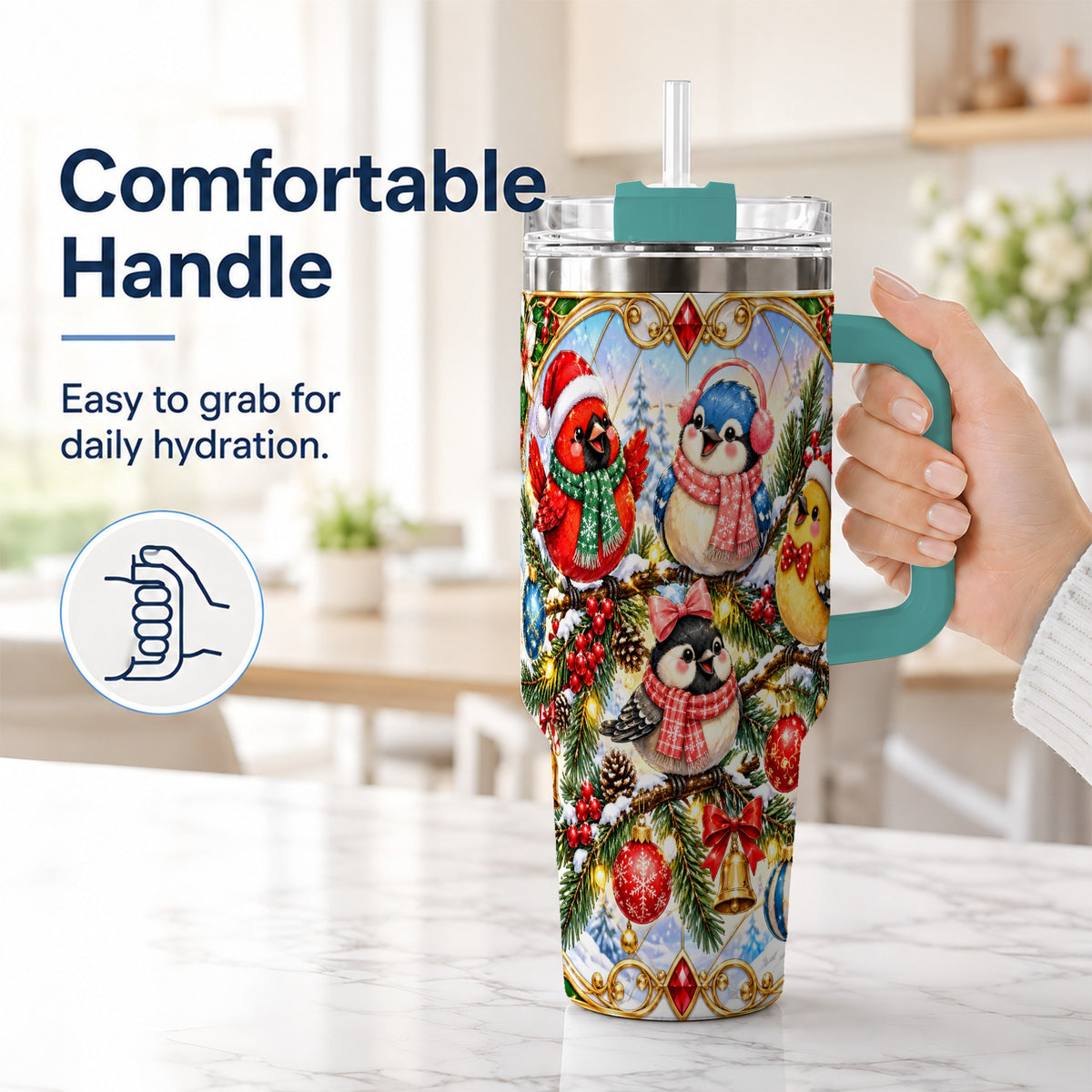 #pl[40oz|Green] Christmas Winter Birds Tumbler 40oz, Festive Stainless Steel Travel Cup
