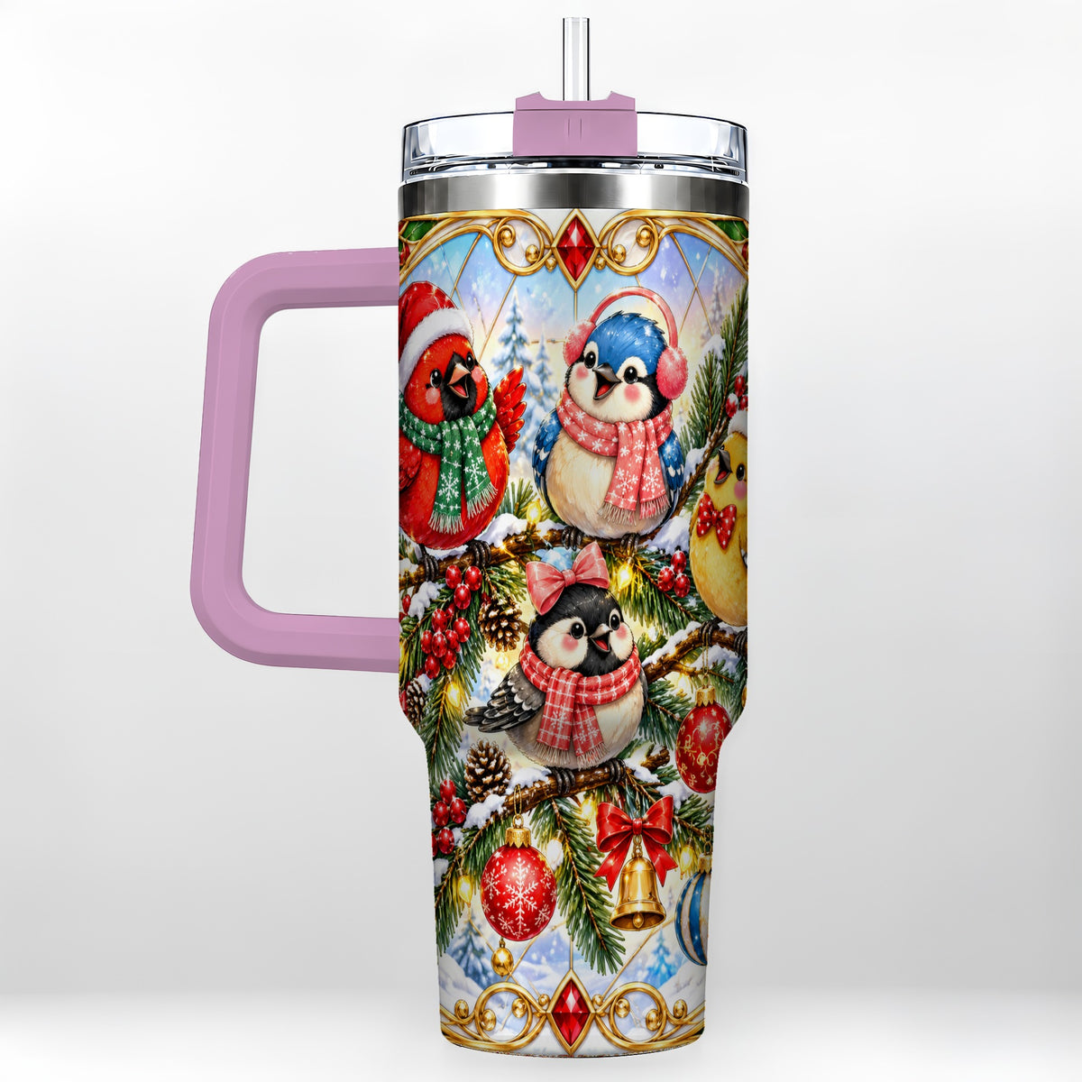 #pl[40oz|Pink] Christmas Winter Birds Tumbler 40oz, Festive Stainless Steel Travel Cup