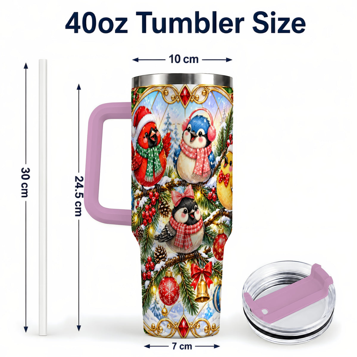#pl[40oz|Pink] Christmas Winter Birds Tumbler 40oz, Festive Stainless Steel Travel Cup