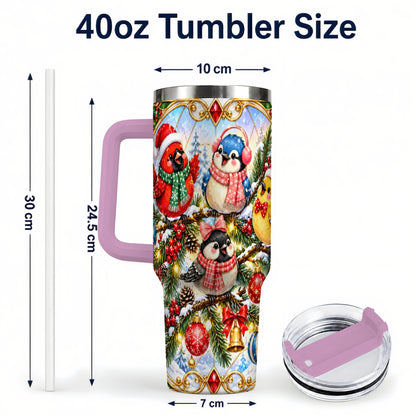 #pl[40oz|Pink] Christmas Winter Birds Tumbler 40oz, Festive Stainless Steel Travel Cup