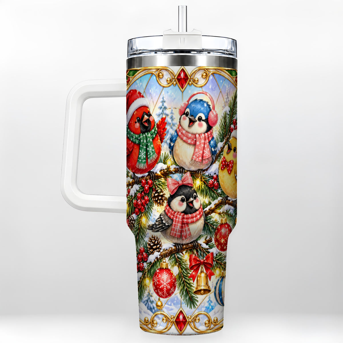 Christmas Winter Birds Tumbler 40oz, Festive Stainless Steel Travel Cup