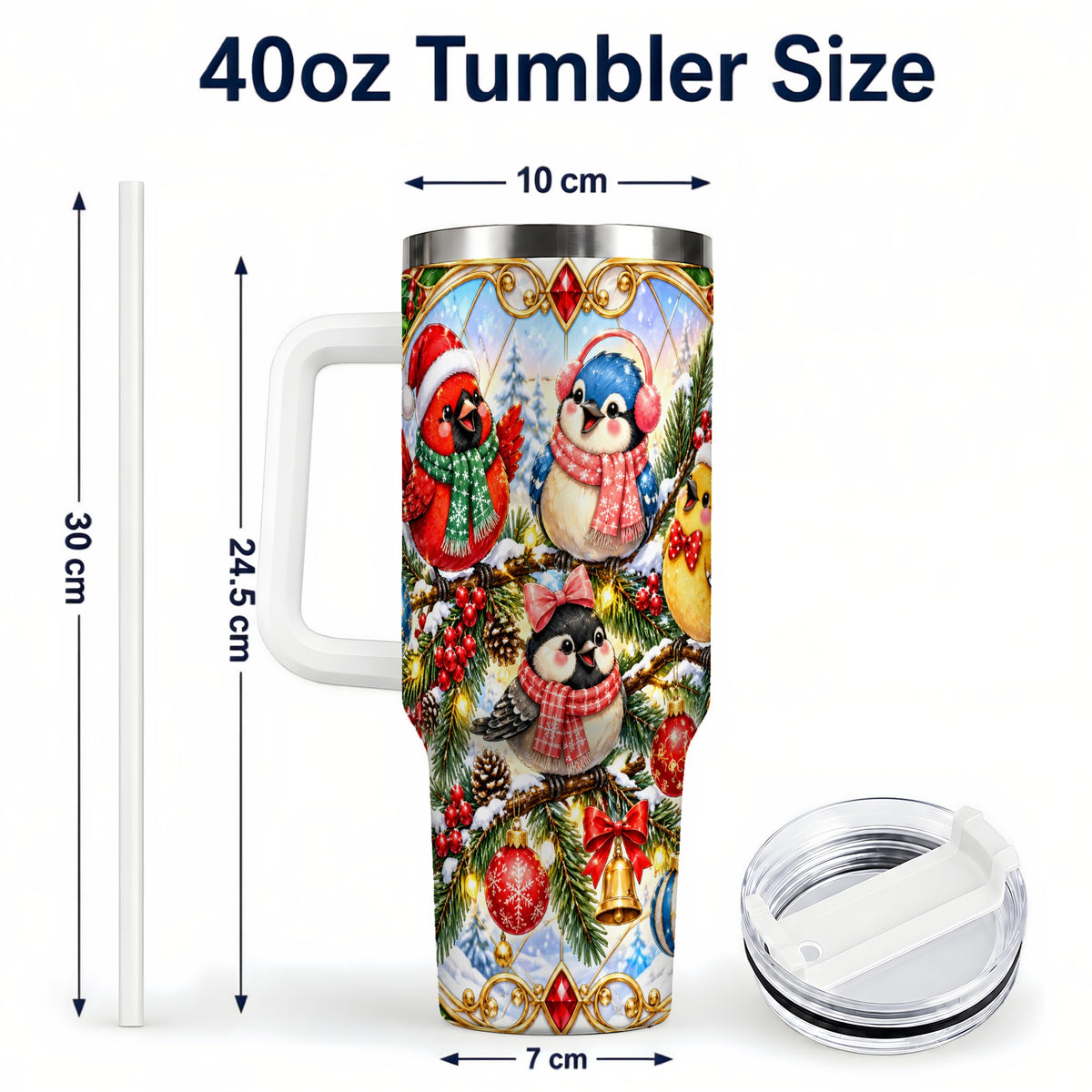 #pl[40oz|White] Christmas Winter Birds Tumbler 40oz, Festive Stainless Steel Travel Cup