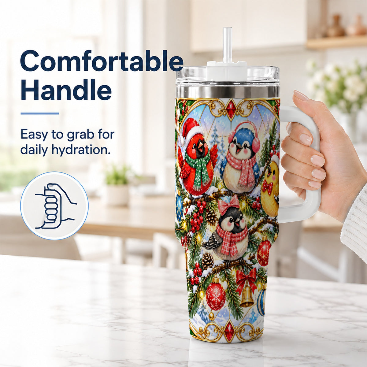 #pl[40oz|White] Christmas Winter Birds Tumbler 40oz, Festive Stainless Steel Travel Cup