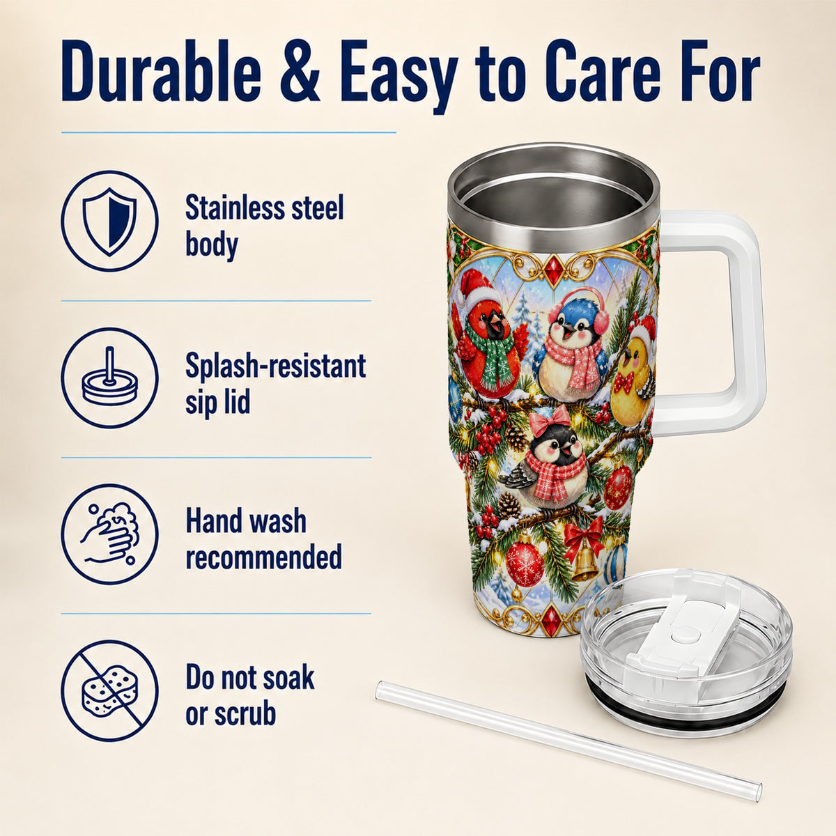 Christmas Winter Birds Tumbler 40oz, Festive Stainless Steel Travel Cup