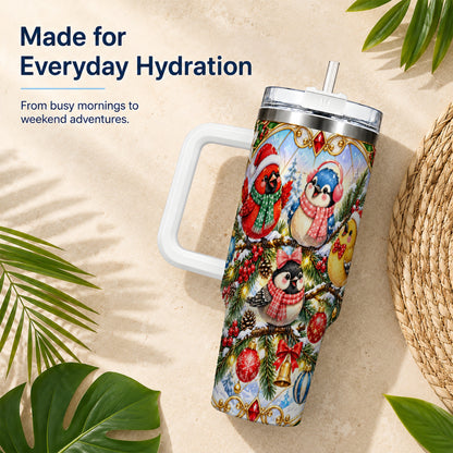 Christmas Winter Birds Tumbler 40oz, Festive Stainless Steel Travel Cup