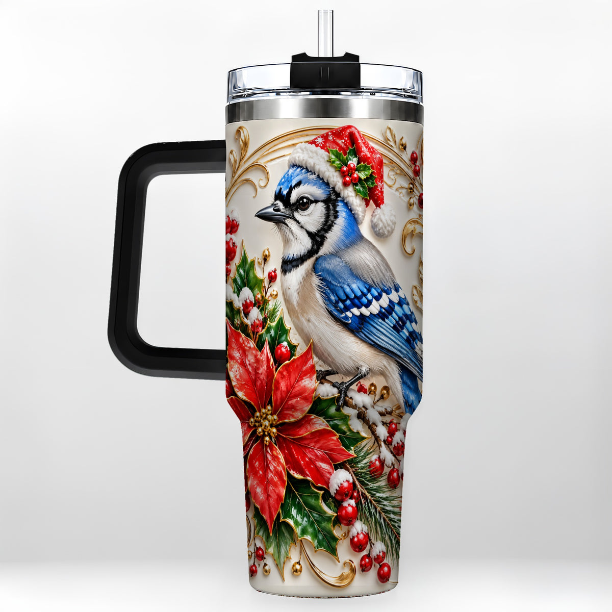 #pl[40oz|Black] Christmas Blue Jay Tumbler 40oz, Winter Bird Stainless Steel Travel Cup