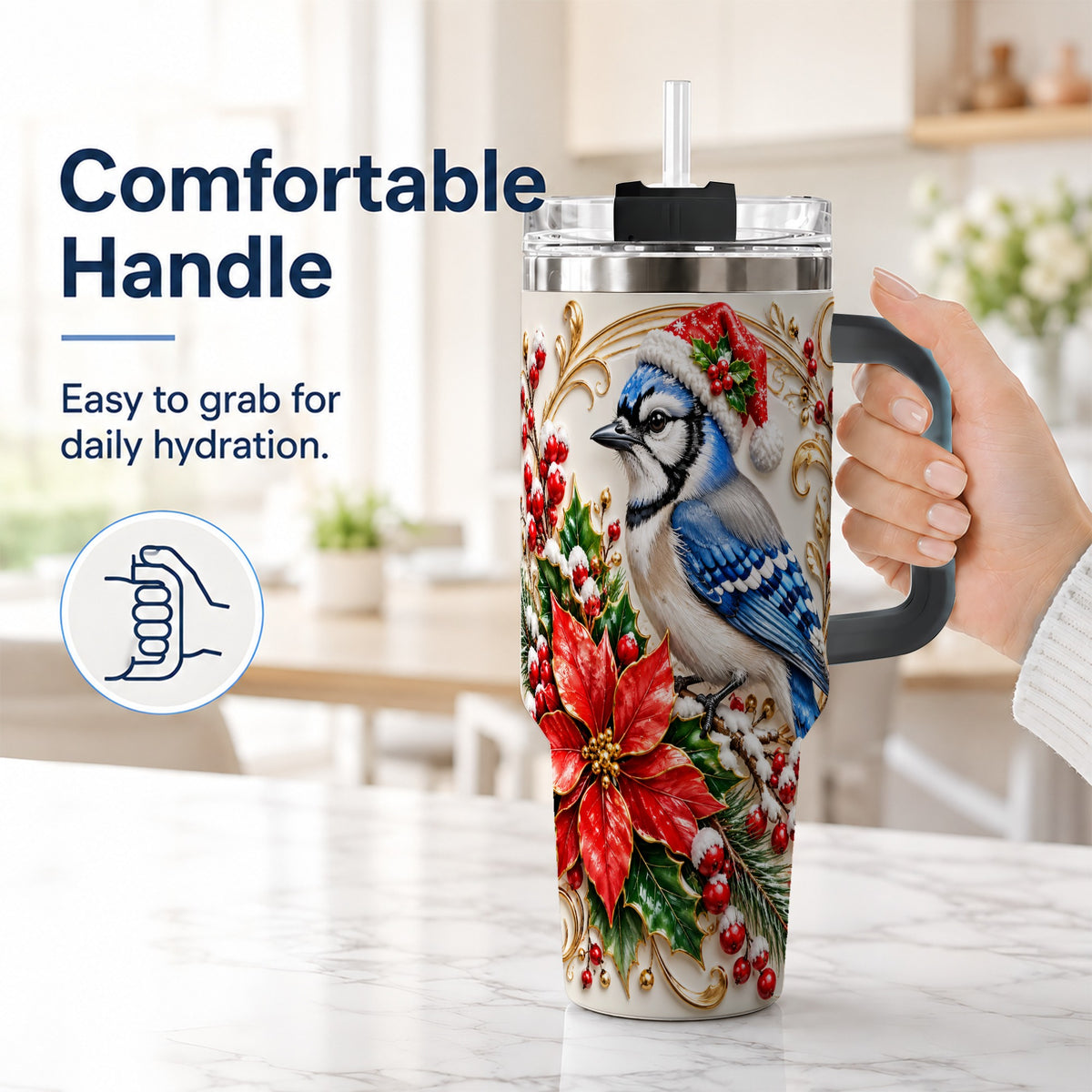 #pl[40oz|Black] Christmas Blue Jay Tumbler 40oz, Winter Bird Stainless Steel Travel Cup