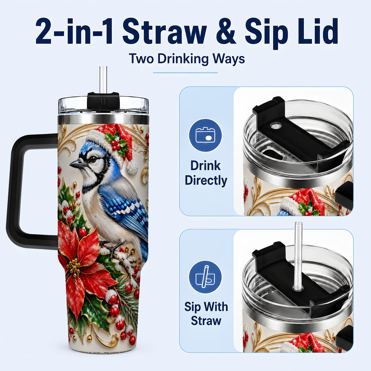 #pl[40oz|Black] Christmas Blue Jay Tumbler 40oz, Winter Bird Stainless Steel Travel Cup