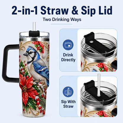 #pl[40oz|Black] Christmas Blue Jay Tumbler 40oz, Winter Bird Stainless Steel Travel Cup